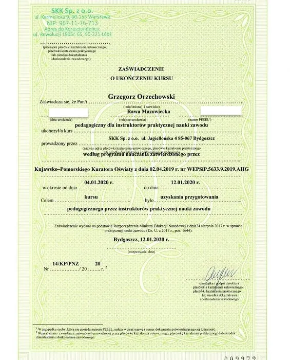 Zaświadczenie Kwalifikacyjne